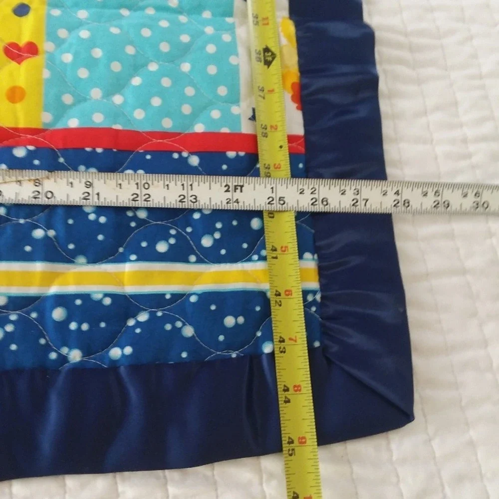 Handmade Baby Quilt Duck Patchwork Blanket Satin Trim Play Mat Blue Yellow 45x28